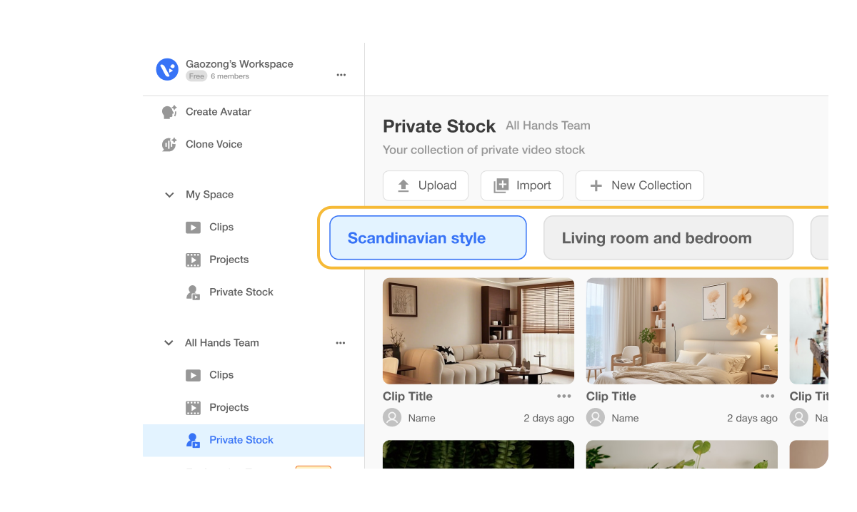 Interior designer organizing renderings and mood boards in Visla Private Stock to create polished client proposal videos easily